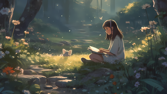 坐在草地上读书的乖巧女孩摄影图