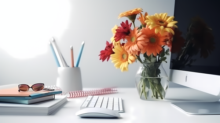 白色桌子上的电脑鼠标键盘和花瓶摄影高清图版权图片下载
