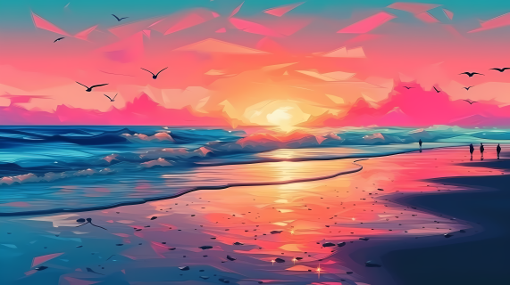 海滩日出粉红色天空漫画风图片