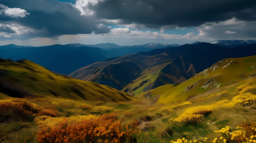 春意盎然自然光影下远山美景图版权图片下载