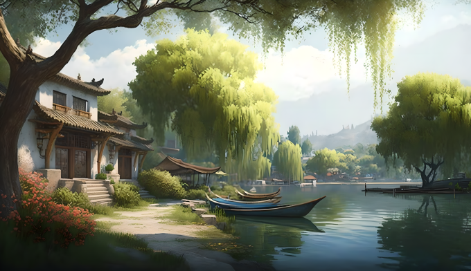 江南水乡烟雨画廊摄影图