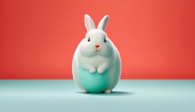 可爱白色蓬松兔与复活节彩蛋摄影图片