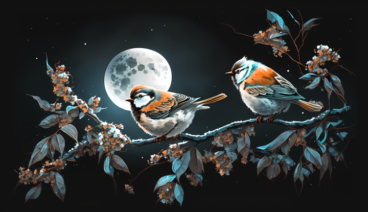 月光下枝头上的两只鸟高清图版权图片下载