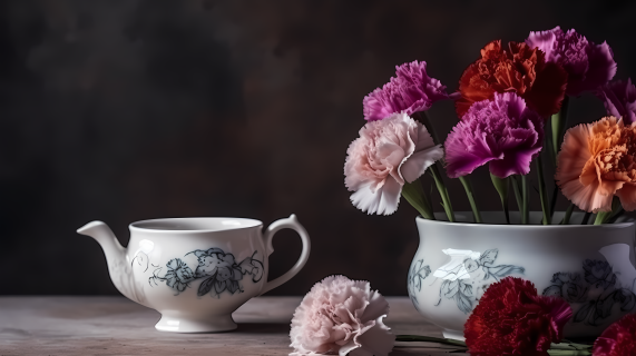 白色桌上的康乃馨花和茶杯