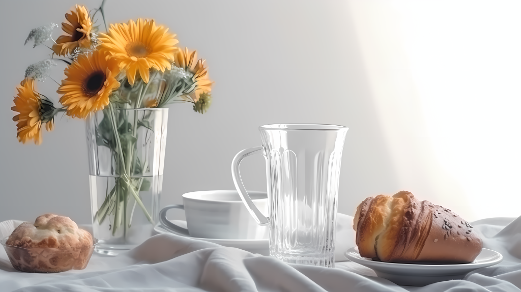 精致简约白色桌上早餐高清图版权图片下载