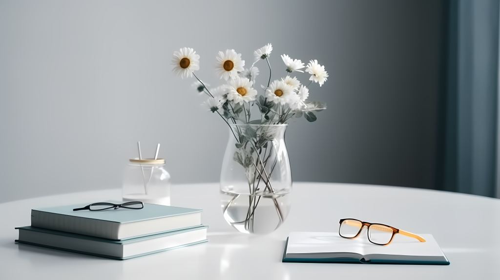 干净整洁桌面上的书和笔记本和花瓶高清图版权图片下载