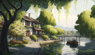 柳岸静谧湖碧水丹桥