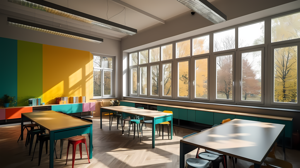 温柔的阳光下的课堂讲台和桌子高清图版权图片下载