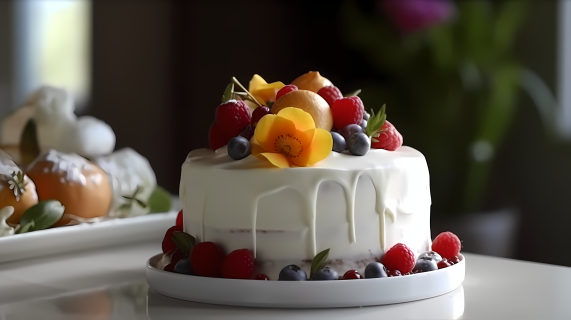 白色奶油水果蛋糕摄影图片