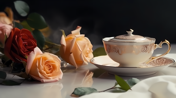 白色桌面上的玫瑰花和茶杯