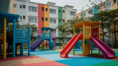幼儿园建筑外多彩儿童游乐设备场景