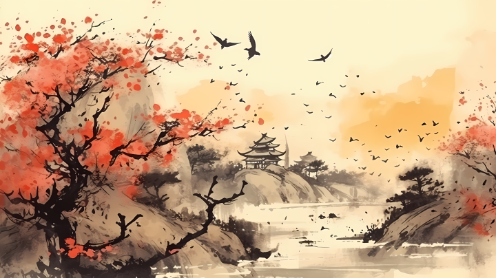 春意盎然的中国传统水墨画版权图片下载