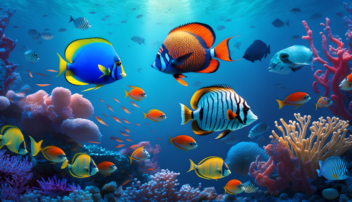 一群颜色鲜艳的热带鱼与珊瑚礁高清图版权图片下载