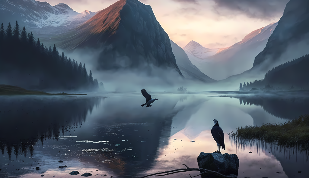 晨雾渔村山鸟鸣唱摄影图版权图片下载