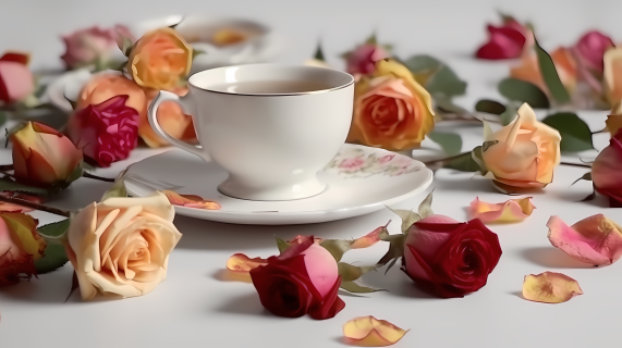 唯美玫瑰花与茶杯摄影图