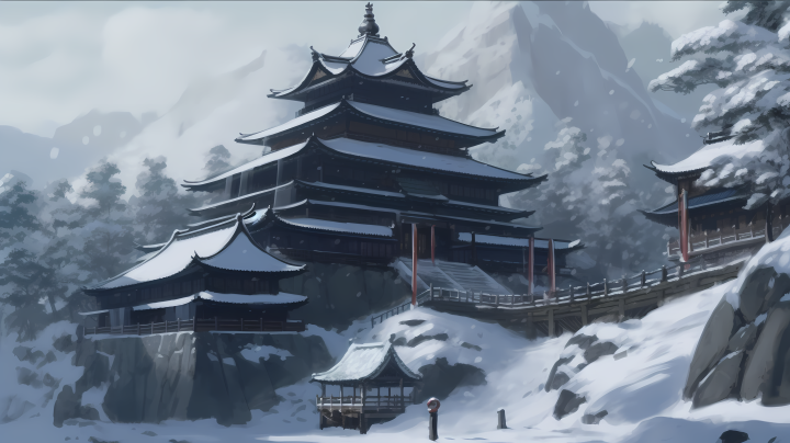 漫画风冰雪覆盖的佛教寺院高清图版权图片下载