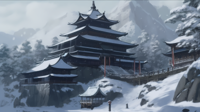 漫画风冰雪覆盖的佛教寺院高清图