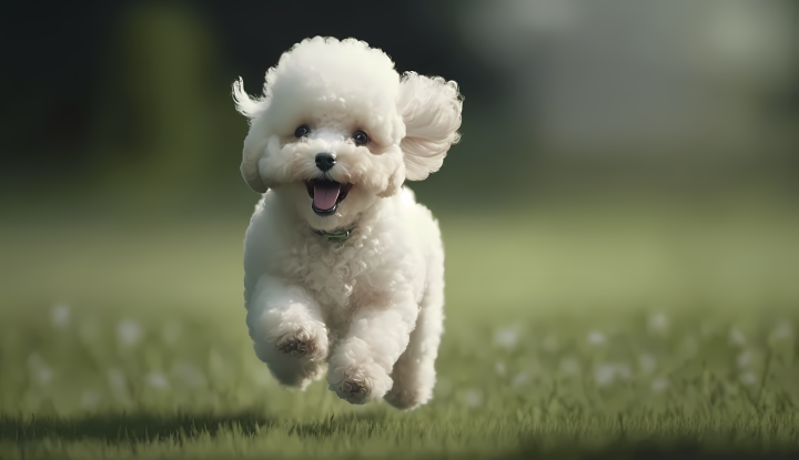 白色贵宾犬兴奋奔跑的微笑高清图版权图片下载