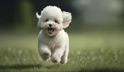 白色贵宾犬兴奋奔跑的微笑高清图