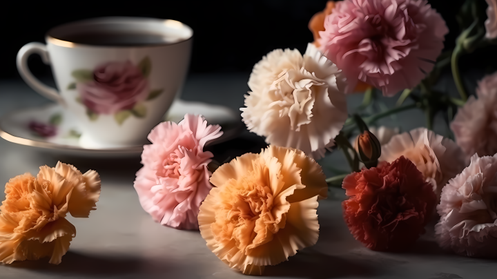 白桌上的康乃馨与茶杯版权图片下载