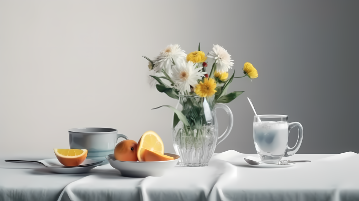 白色桌面上的水果和花瓶高清图版权图片下载