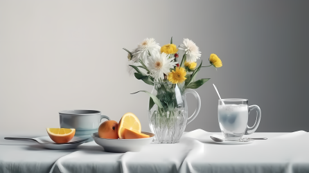 白色桌面上的水果和花瓶高清图