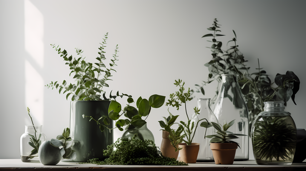 各种瓶瓶罐罐中清新绿植摄影高清图