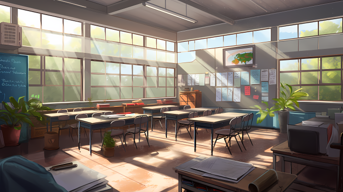 整洁明亮教室白板海报投影设备摄影图片