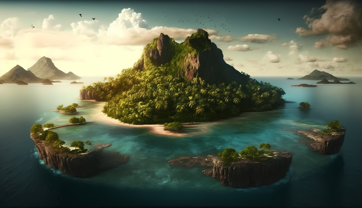 海中间的绿色小岛高清图版权图片下载