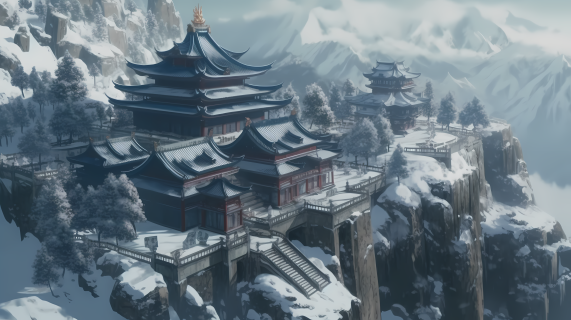 冰雪覆盖的佛教寺院