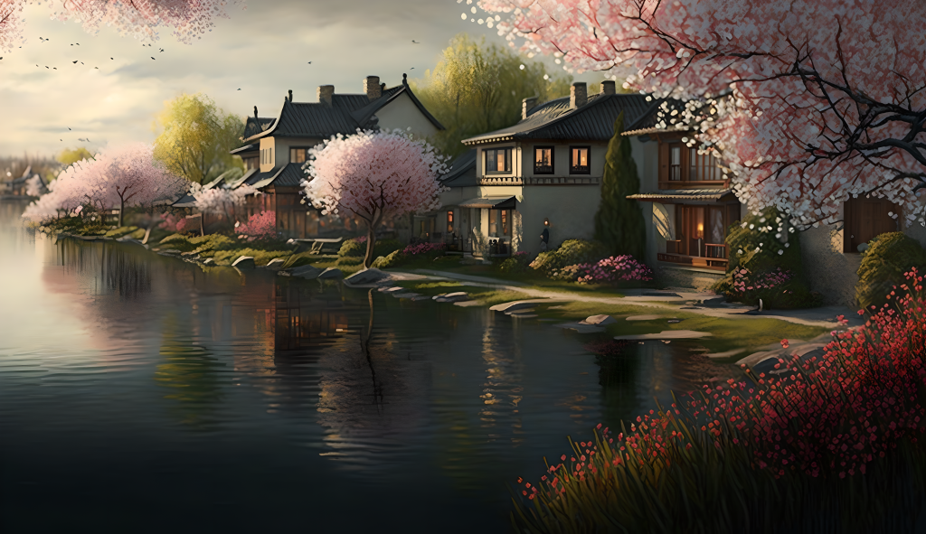 春日田园柳絮桃花水乡版权图片下载