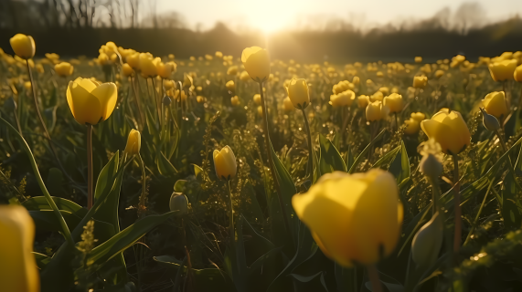 清晨大片黄色郁金香花丛摄影