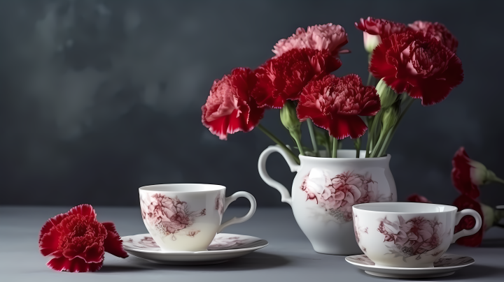 白色桌上的红色康乃馨和茶杯版权图片下载