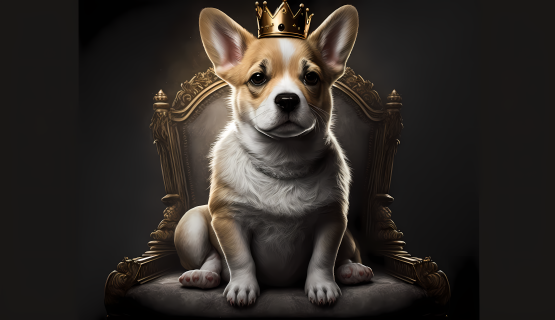 戴着王冠坐在椅子上的宠物狗摄影图片