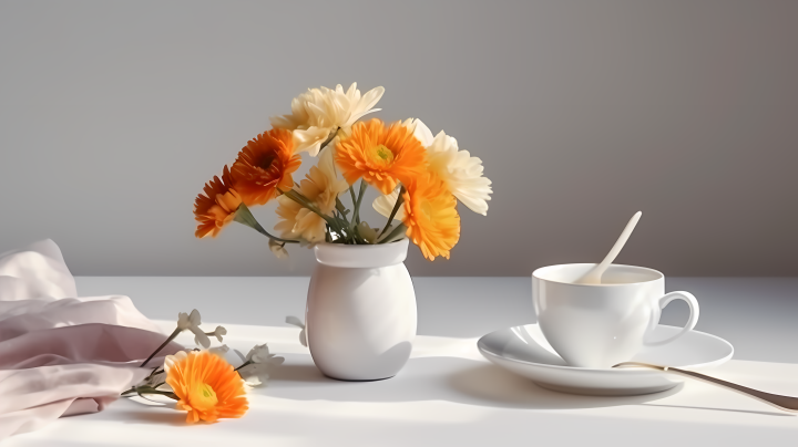 桌面上的花瓶摆件和茶杯高清图版权图片下载