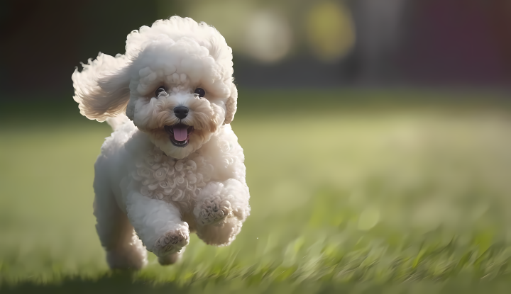 微笑贵宾犬奔跑在草坪上的摄影版权图片下载