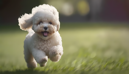 微笑贵宾犬奔跑在草坪上的摄影图片