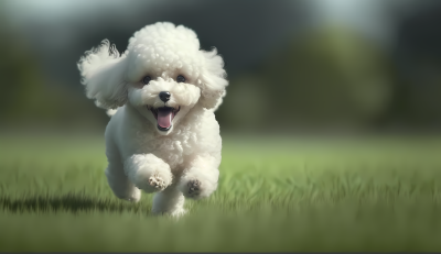 白色玩具贵宾犬奔跑微笑高清图
