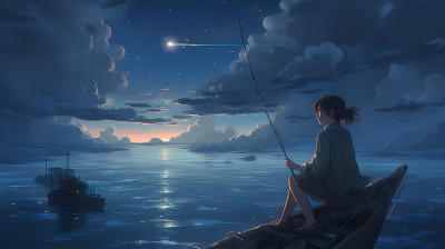 夜晚星空下肚子钓鱼的小女孩高清图