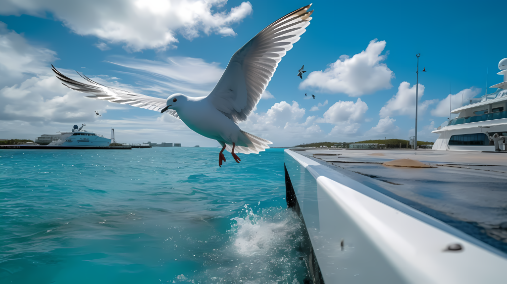 豪华游艇上降落的鸽子照片