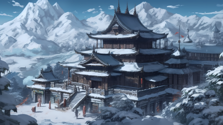 冰雪覆盖的佛教寺院高清图