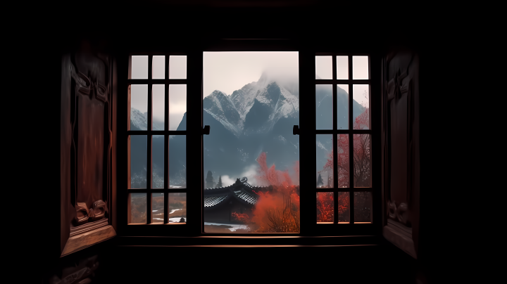 窗外雪山中式房屋摄影高清图版权图片下载
