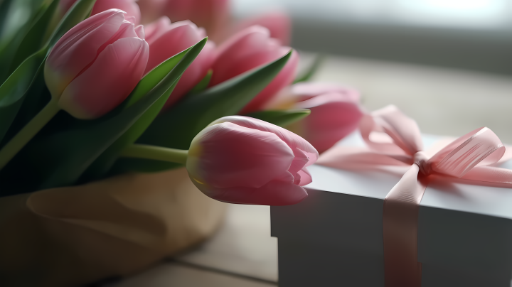 母亲节礼物与鲜花郁金香版权图片下载