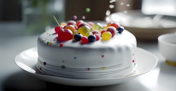 彩色糖豆装饰的生日蛋糕摄影图