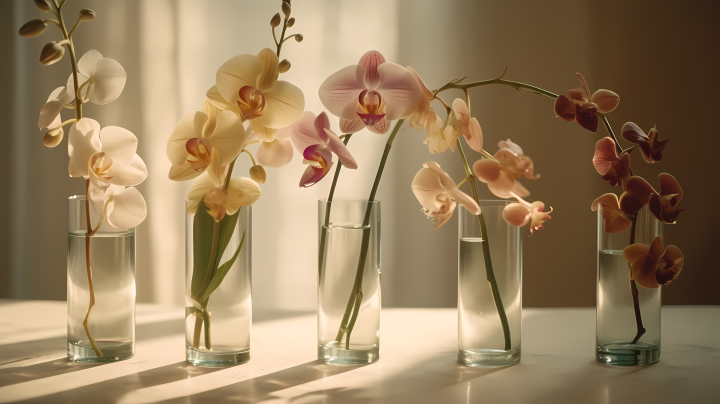 透明玻璃花瓶中的7株细长兰花高清图版权图片下载