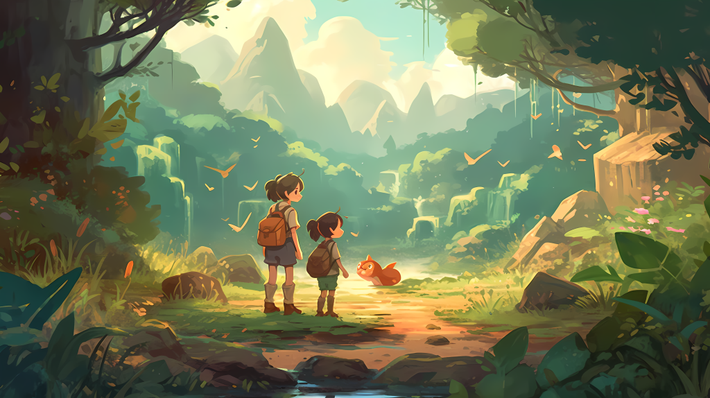 森林中背着背包探险的姐妹俩高清图