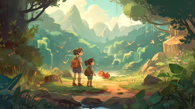 森林中背着背包探险的姐妹俩高清图