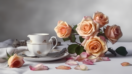 精致下午茶香槟色玫瑰花束图片
