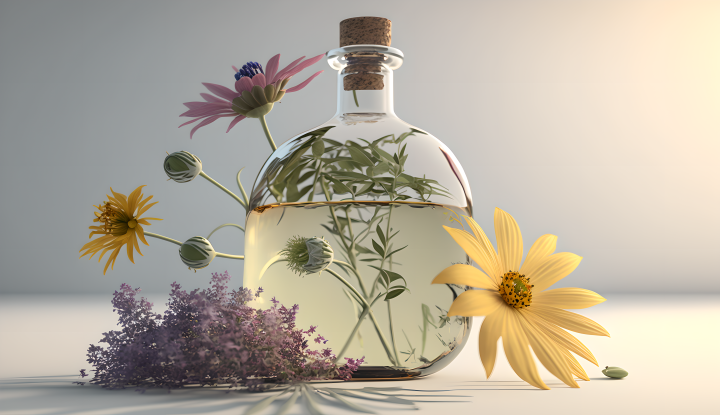 盛开的花和带木塞的玻璃瓶高清图版权图片下载