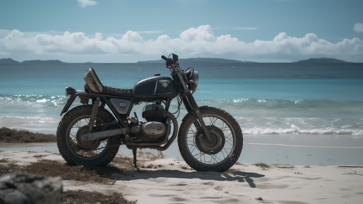 大海边沙滩上的摩托车高清图版权图片下载
